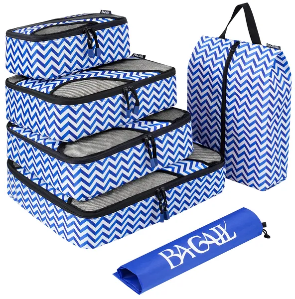BAGAIL 6 Set Packing Cubes,Travel Luggage Packing Organizers with Laundry Bag, Blue Wave, Small, Medium, Large, X-Large, Printed Pattern