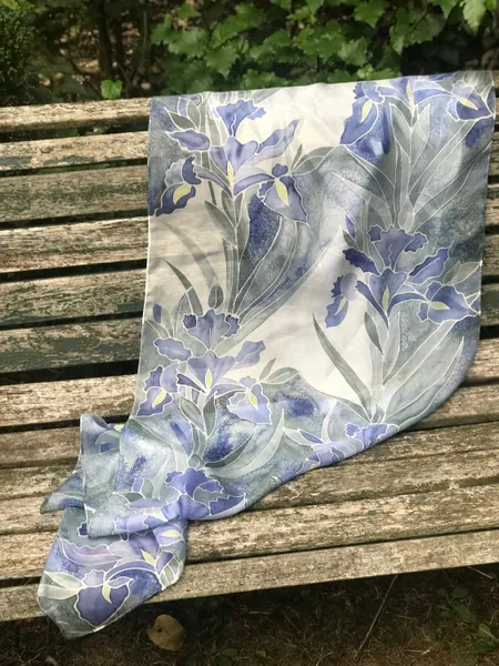 Silk scarf, hand painted silk scarf, floral design, iris flowers in greens, greys and purple signed scarf Mother&#39;s Day gift, wedding scarf