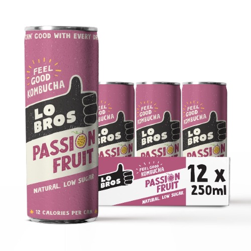 Lo Bros Kombucha Passion Fruit Low sugar 12 x 250ml – Vegan, Gluten Free, Low Sugar, Live Cultures