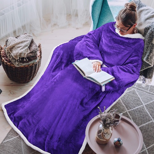 Catalonia Classy Platinum Blanket with Sleeves, Dual Micro plush Fleece Sherpa Warm Blankets for Adult Women Men 185 x 140 cm, Purple