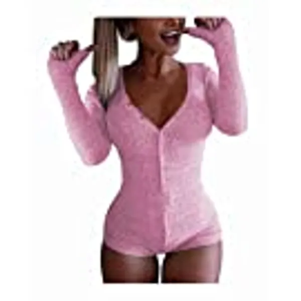 Roselux Women's Sexy Deep V Neck Shorts Long Sleeve Knitted One Piece Bodysuit Sexy Pajama Onesie Bodycon Rompers Overall