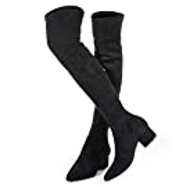 Mtzyoa Thigh High Block Heel Boot Women Pointed Toe Stretch Over The Knee Boots