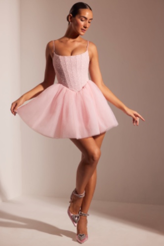 Embellished Corset Tulle Skirt Mini Dress in Blush | 10
