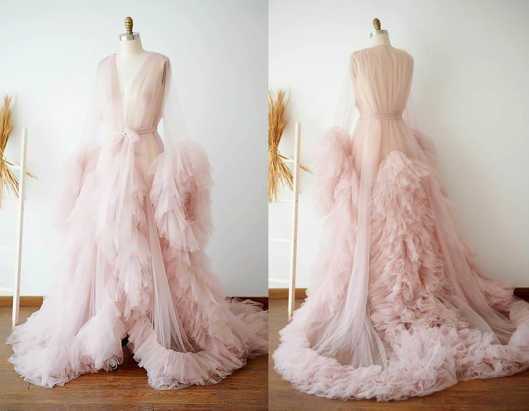 Soft tulle ruffled fringe hem long robe dress pink white red green blue | multi-color romantic bride pregnancy maternity robe Gift