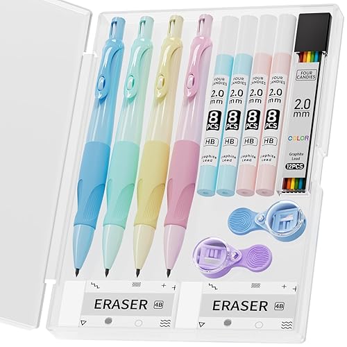 Four Candies 4PCS Thick Barrel Mechanical Pencil with Comfort Grip, 2.0MM Ergonomic Mechanical Pencil with 44PCS Lead Refills, 2PCS Sharpeners/Erasers, Aesthetic School Supplies for Writing Drawing