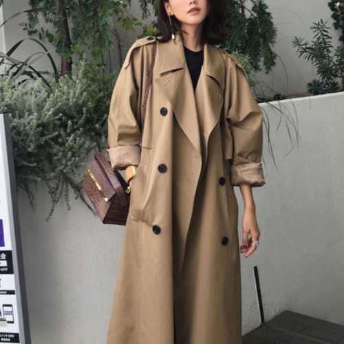 Womens Double Breasted Long Trench - Khaki / M