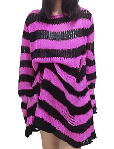 Peaceglad Womens Oversized Goth Punk Ripped Striped Long Sleeve Pullover Sweater Dress Tops - One Size - Rose