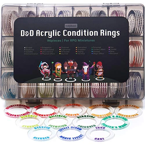 TIDYBOSS DND Accessories Miniatures Acrylic Condition Rings | 96 PCS Status Effects Markers | 24 Conditions for Dungeon and Dragons with Storage Box