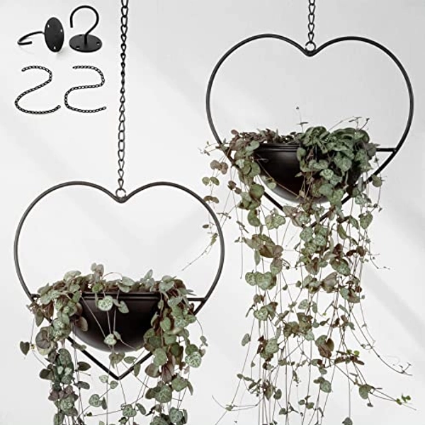 Hajia 2 Pack Heart Shaped Boho Hanging Plant Holder with 6inch Detachable pot, Black Metal Wall and Ceiling Plant Hanger for Indoor Outdoor, Minimalist Small hanging Planter for Home and Wedding Decor