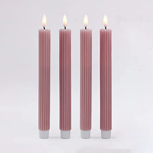 Real Wax LED Taper Candles, Most Realistic 10 Inches Pink Striped Flameless Candlesticks, with 3D Flickering Flame for Wedding/Home Decorations - Pink