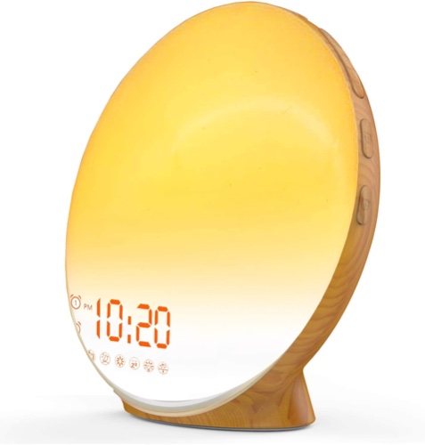 Wake Up Light Sunrise Alarm Clock for Kids, Heavy Sleepers, Bedroom, with Sunrise Simulation, Sleep Aid, Dual Alarms, FM Radio, Snooze, Nightlight, Daylight, 7 Colors, 7 Natural Sounds, Wood Color - Brown