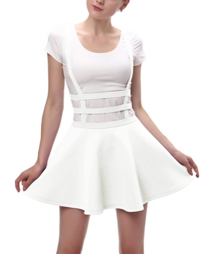 Urban CoCo Womens Elastic Waist Pleated Short Braces Skirt - Small White