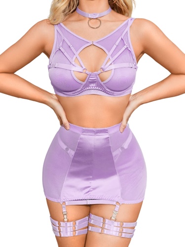 Kaei&Shi 6Pc Strappy Cutout, Sheer Stretchy High Waist Skirt Garter Set G-String - Purple 2-4
