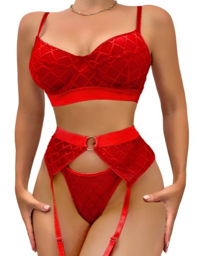 Avidlove Women Lingerie Set with Garter Belt Sheer Mesh 3 Piece Bra and Panty Set Teddy Babydoll (No Stockings) - Red Small