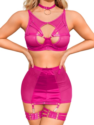 Kaei&Shi 6Pc Strappy Cutout, Sheer Stretchy High Waist Skirt Garter Set G-String - Hot Pink 2-4