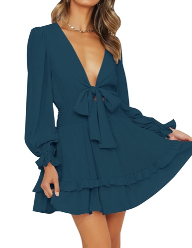 ZESICA Women's Sexy Deep V Neck Knot Front Long Sleeve Smocked Wiast Ruffle Tiered Swing Mini Skater Dress - Navy Small