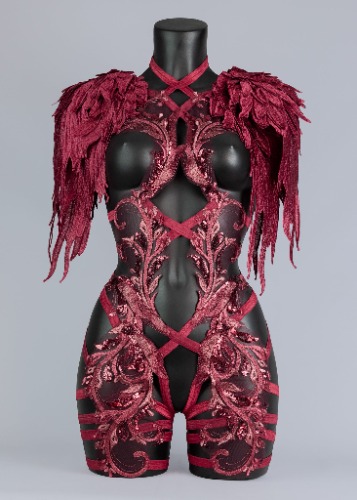 FIRE IN THE DISCO - Red Sequin Lace Bodycage & Wing Epaulettes | CUSTOM