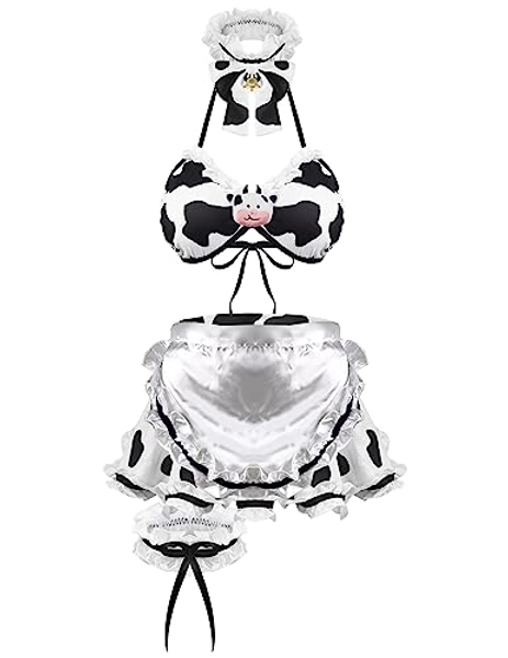 paloli Sexy Cow Lingerie for Women, Roleplay Lingerie, Classic Cow Print Milk-Silk Fabric with Accessories, Maid Outfit French Maid Costume