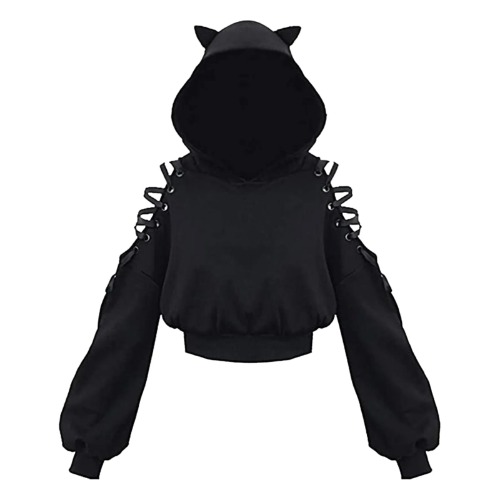 Cat Crop Top Hoodie w/ Exposed Shoulders - Plain Black / S