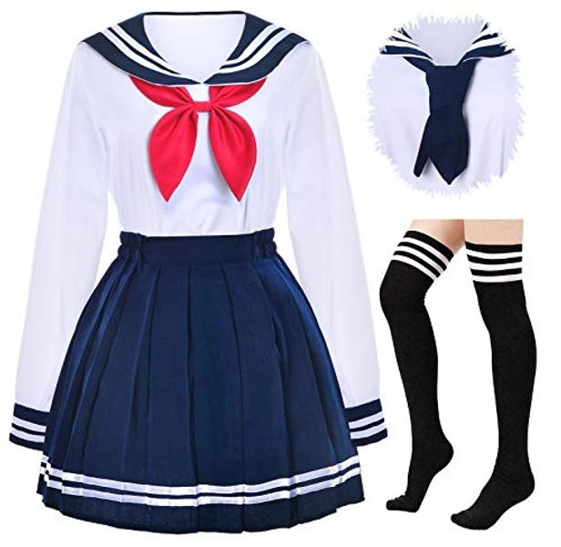 Elibelle Japanese School Girls Uniform Sailor Navy Blue Pleated Skirt Anime Cosplay Costumes with Socks set(SSF13)