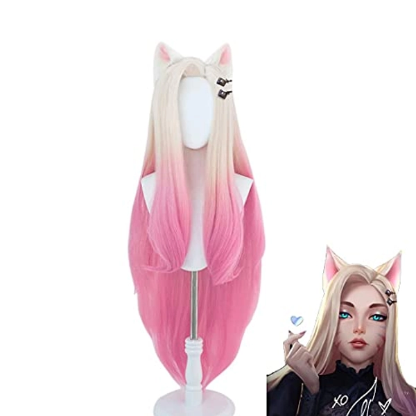 Jodiss Blond and Pink KDA Ahri Wig for girls, long Straight Game Cosplay Wig for women, Halloween Costume party Wigs (Color-10)
