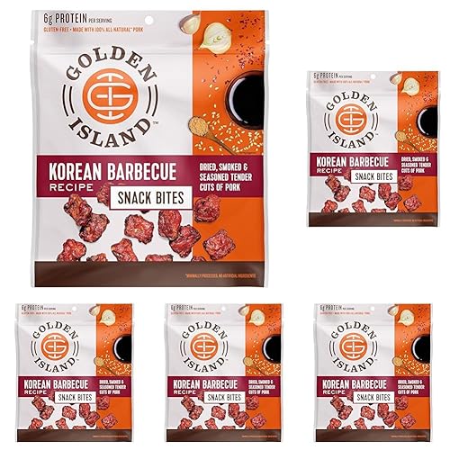 Golden Island Korean Barbecue Pork Snack Bites – Gluten Free Protein Snack, Korean BBQ Flavor, Made with 6g of Protein Per Serving – 2.85 oz (Pack of 5) - Korean Barbeque Recipe - 2.85 Ounce (Pack of 5)
