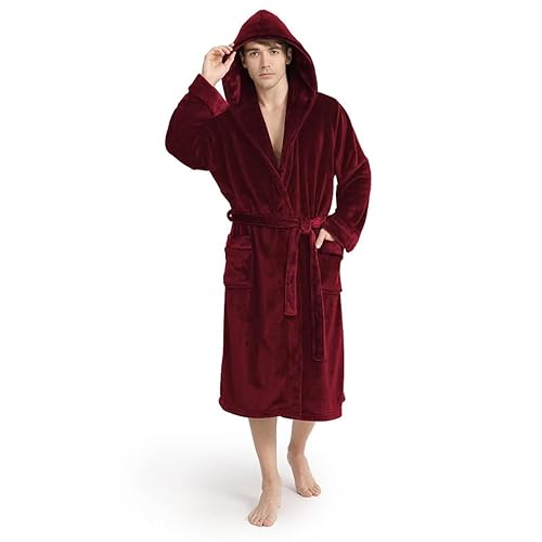 Yurhap Mens Hooded Fleece Robe, Ultra Soft Mens Robe, Plush Hooded Robe for Men with Belt & 2 Pockets - Large-X-Large - Wine Red