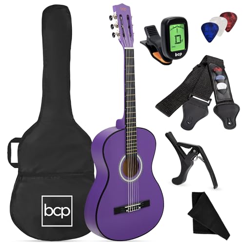 Best Choice Products 38in Beginner All Wood Acoustic Guitar Starter Kit w/Gig Bag, Digital Tuner, 6 Celluloid Picks, Nylon Strings, Capo, Cloth, Strap w/Pick Holder - Purple - Purple