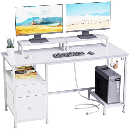 Furologee White Computer Desk with Drawer and Power Outlets, 47" Office Desk with 2 Monitor Stands and Fabric File Cabinet, Writing Gaming Table with Shelves and 2 Hooks for Home Office - White - 47"
