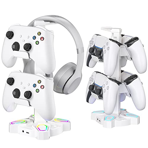 KDD Gaming RGB Headphones Stand, Rotatable Headset Stand with 9 Light Modes - Controller Holder with 2 USB Charging Ports and 3.5mm - Earphone Hanger Accessories for Desktop Gamer(White) - White