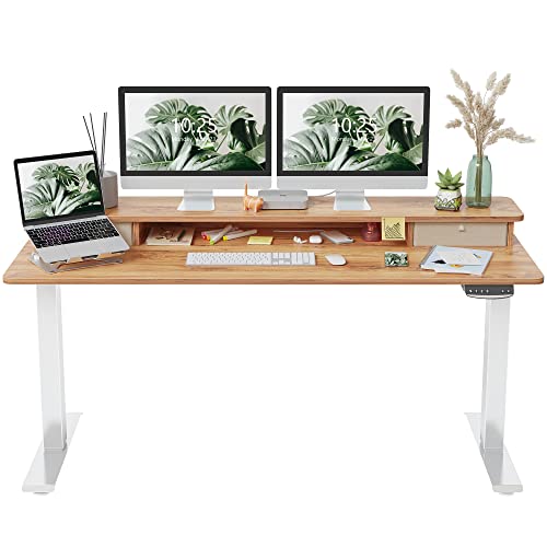 FEZIBO Height Adjustable Electric Standing Desk with Double Drawer, 150 * 60cm Stand Up Table with Storage Shelf, Sit Stand Desk with Splice Board, White Frame/Light Brown Top - Light Brown - 150*60cm Basic Use