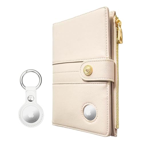 elzama Airtag Passport Holder Women, RFID Blocking Passport Wallet with Air Tag Holder, Zipper Pocket Card Slots Pen Holder & Air Tags Keychain (Apple Airtag Not Included) Ivory - 02. Ivory (with Airtag Holder)
