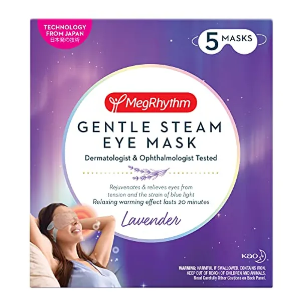MegRhythm by Kao Gentle Steam Eye Mask, Lavender, Rejuvenates Eyes, Reduces the look of puffy eyes, Dermatologist and Ophthalmologist Tested, 5 Count