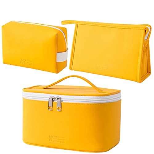 AUSEKALY Makeup Bag Cosmetic Bag Sets 3 Pcs For Women Travel Toiletry Bag for Girl Cute Large Make Up Bag With Brush Bag + Small Cosmetic Pouch Yellow White - Yellow, White