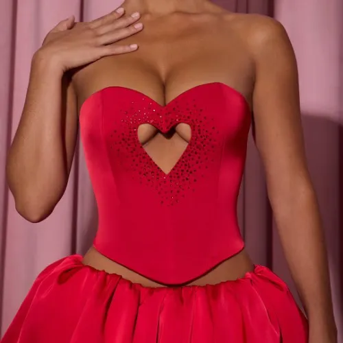 Embellished Heart Cut-Out Strapless Corset Top in Red | 14