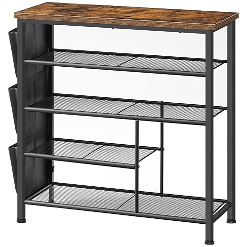 HOOBRO Shoe Rack, 5-Tier Shoe Rack Storage, Shoe Organizer with Side Pockets, Shoe Racks with Boots Storage, Industrial Shoe Storage Unit for Entryway, Metal Frame, Rustic Brown and Black EBF73XJ01