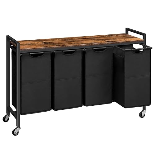 HOOBRO Laundry Basket Cart, Rolling Laundry Sorter with Shelf, 4 Compartments Laundry Hamper, Washing Baskets for Laundry, with 4x 39.8L Pull-Out and Removable Bags, Rustic Brown and Black EBF04XY01 - Rustic Brown, Black