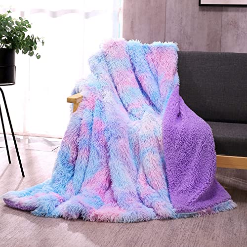 DANGTOP Faux Fur Throw Blanket, King Size Tie Dye Fluffy Blanket, Super Soft Rainbow Blanket for Girls, Luxury Cozy Warm Plush Thick Sherpa Throws for Bed Couch Living Room (Purple, 108x90 inches) - Purple - 108x90 inches