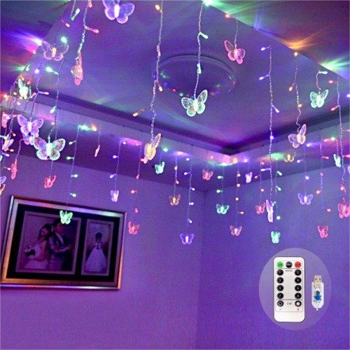 Butterfly Curtain Fairy Lights USB Plug in,8 Modes 120 LED 19.7FT Firefly Twinkle Timer String Lights with Remote, Waterproof Copper Wire for Bedroom Patio Christmas Wedding Party Dorm(Multicolor) - Multicolor