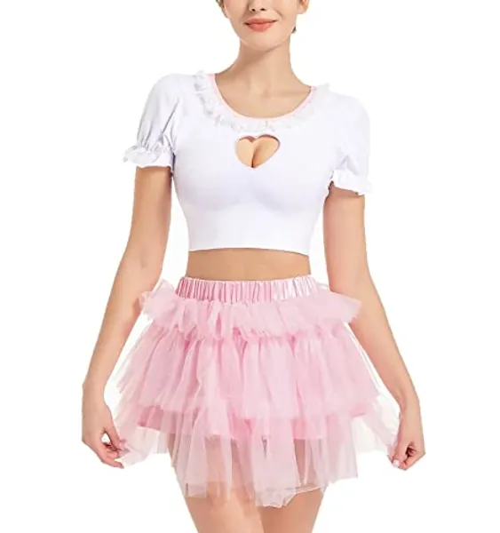 Landofgenie Women's Mesh Tulle Puffy Tutu Skirts Kawaii Fluffy Princess Short Ballerina Skirt - Pink Cake