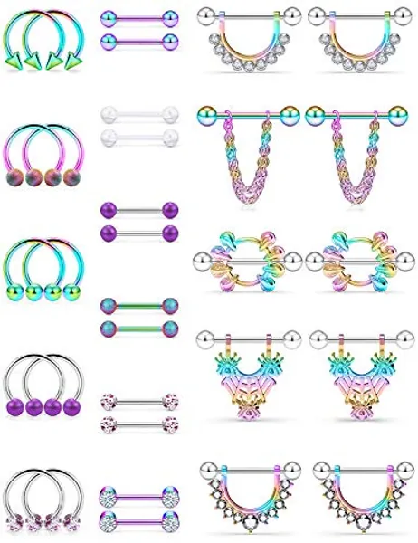 SCERRING 14G Nipple Rings 316L Stainless Steel CZ Nipplerings Shield Tongue Barbell Rings Bars Body Piercing Jewelry for Women 8-32PCS