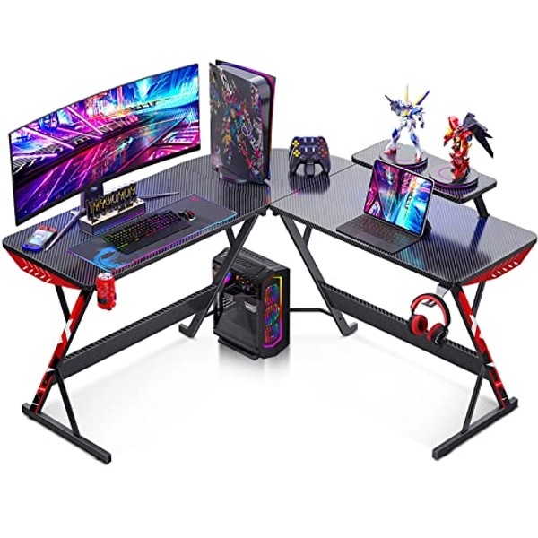 MOTPK L Shaped Gaming Desk, Gaming Table L Shape, Computer Desk for Gamer with Monitor Shelf, Cup Holder & Headphone Hook, Corner Gaming Desk with Carbon Fiber Texture, Black