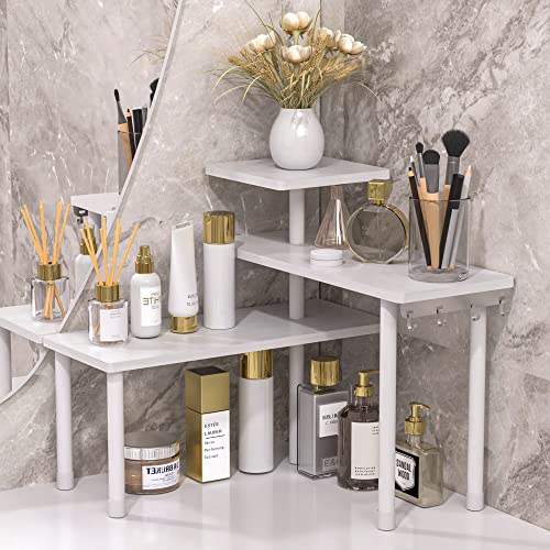 JayRex Bathroom Organizer Countertop Corner Shelf, 3 Tier Moveable Organizer for Make Up, Dresser Table, Desktop (White) - White