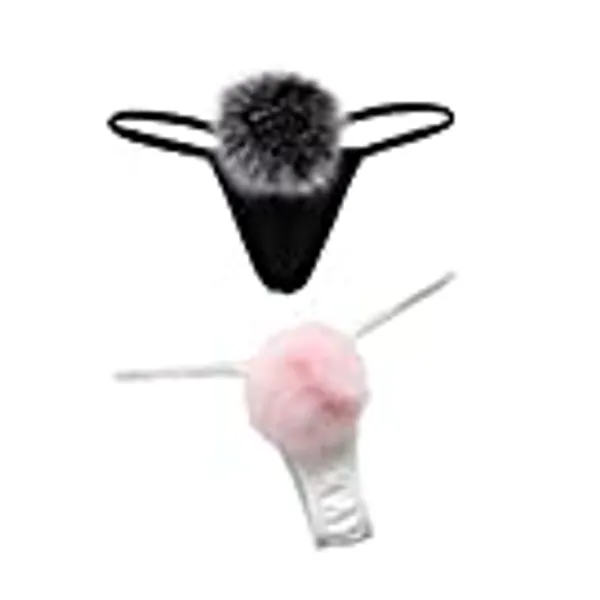 ADESUGATA Womens Thong Pantie Cute Rabbit Tail Low Waist G-String Fur Ball Solid Bikini T-Back Cosplay Bunny Girl Underwear