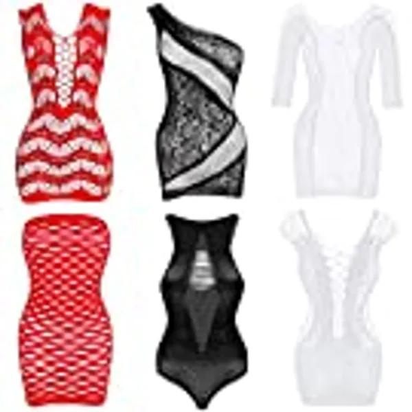 SATINIOR 6 Pieces Women Mesh Lingerie Fishnet Babydoll Mini Dress Mesh Bodysuit Sleepwear