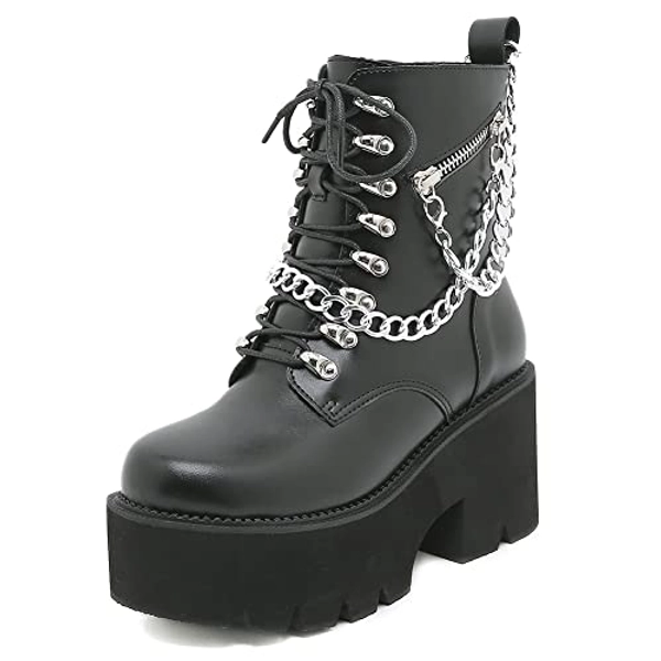 mikarka Women's Chain Platform Boots Lace Up & Zipper Chunky Heel Black Combat Ankle Booties Fashion Studded Motorcycle Boots