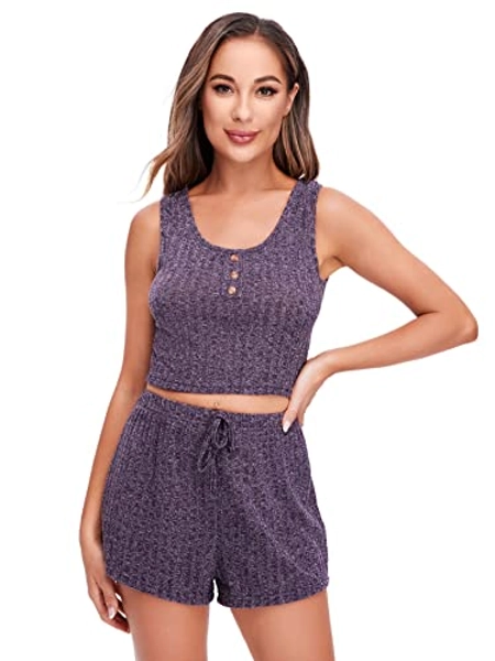 SOLY HUX Women's Button Front Ribbed Knit Tank Top and Shorts Pajama Set Sleepwear Lounge Sets