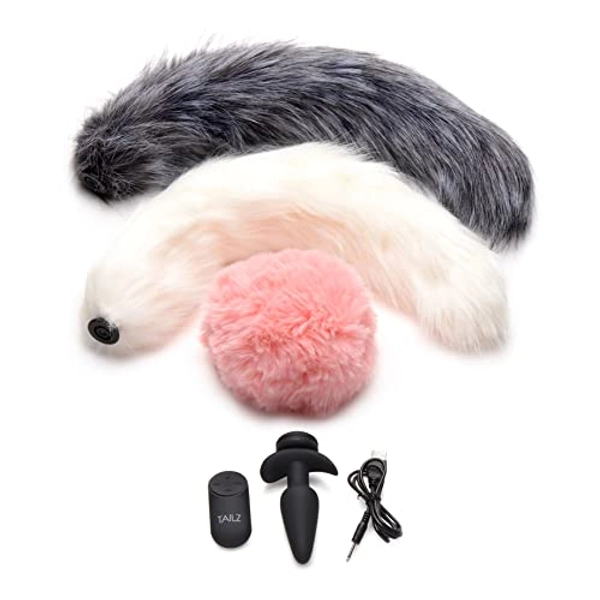 Tailz Snap-On Vibrating Anal Plug with Remote Control & 3 Interchangeable Fox & Bunny Tails Thick Furry Faux Fur Animal Tail for Women & Men Adult Sex Toy Stimulator Premium Silicone Butt Plug Pink