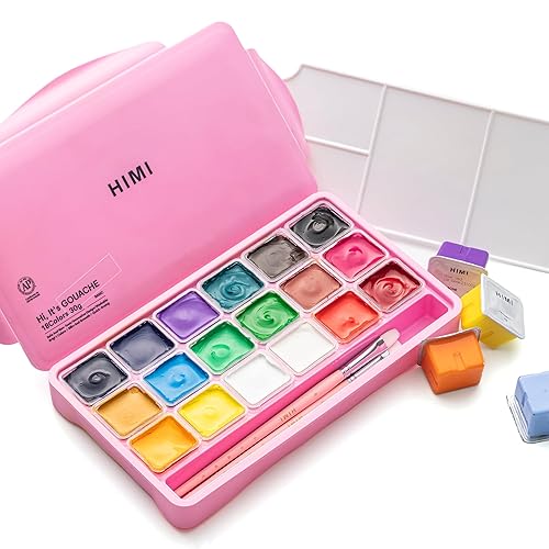 HIMI Gouache Paints Set, 18 Colors, 30g, jelly gouache paint set, Non Toxic Paint for Canvas and Paper, Art Supplies for Professionals, and More (Pink Case) - Pink