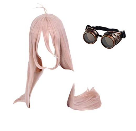 GZIRUE Women Lady Girls Pink Long Straight Hair Wig for Miu Iruma Party Anime Halloween Daily Wigs Cosplay Costume with Steampunk Goggles Retro Glasses DRV3